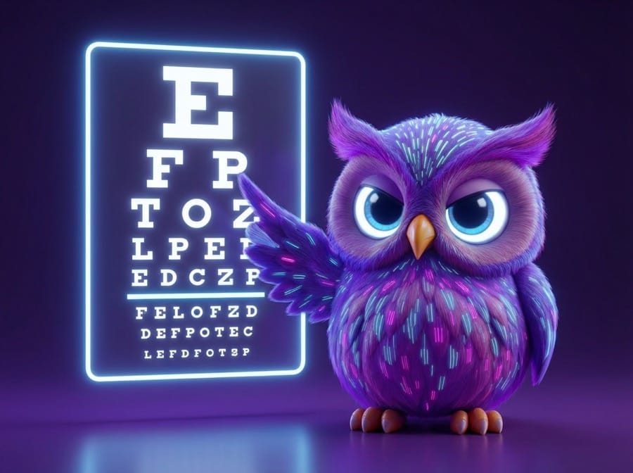 Owliver, the PSR mascot, pointing at an eye chart